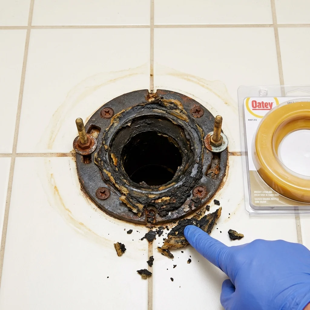 Failed wax ring showing water seepage at the base of a toilet in a Plains, TX home
