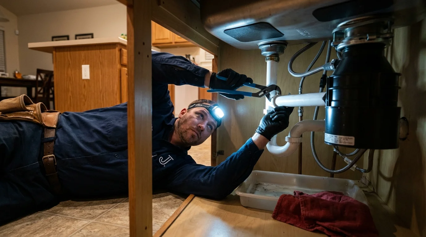 P-trap and supply line connections under a kitchen sink showing a common leak point in Plains, TX